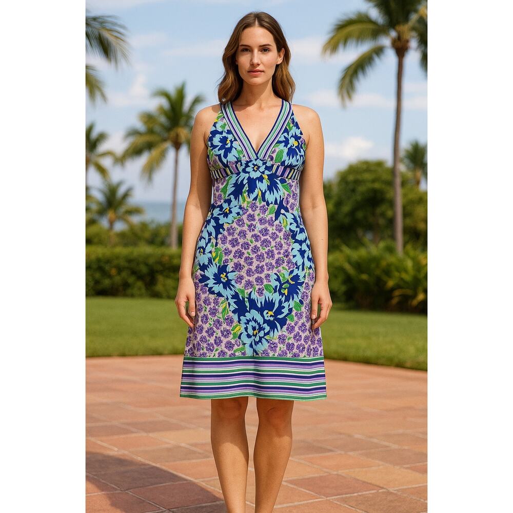 Roberto Cavalli‎ Dress XL Floral Stripe Sleeveless Purple Green Boho Y2K Resort